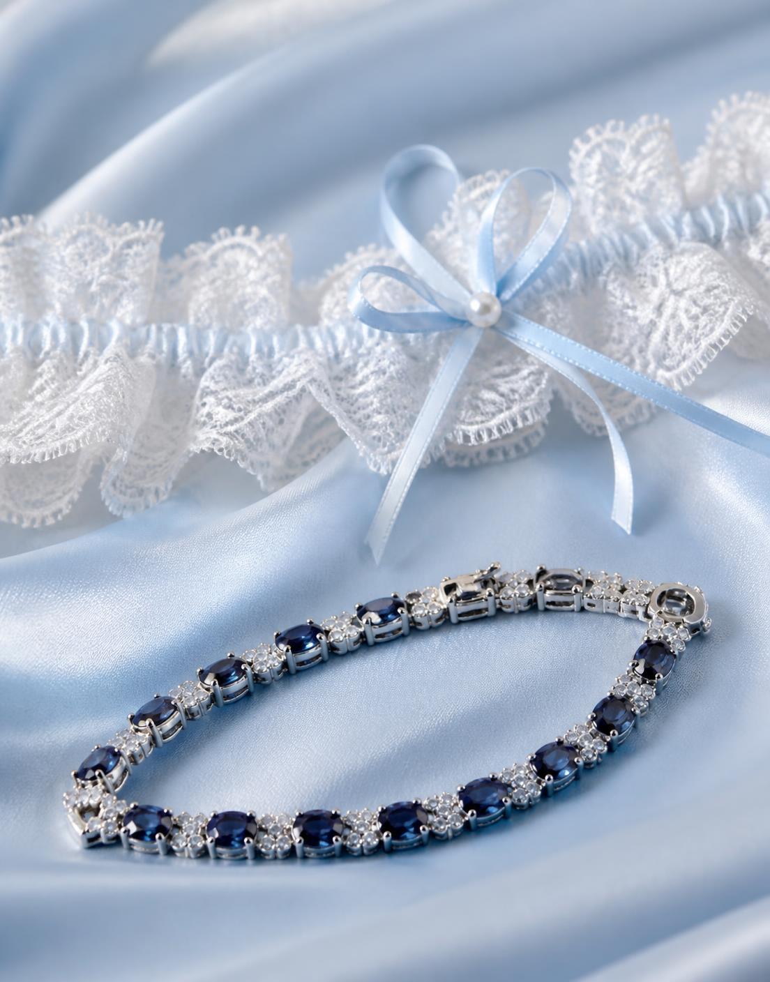 Sapphire and white gold bracelet with a lace bridal garter on powder blue silk