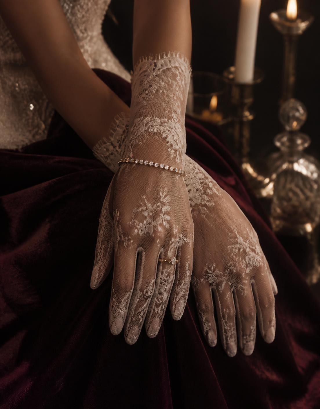 Bride's hands in lace gloves with a gold ring and diamond bracelet on burgundy velvet