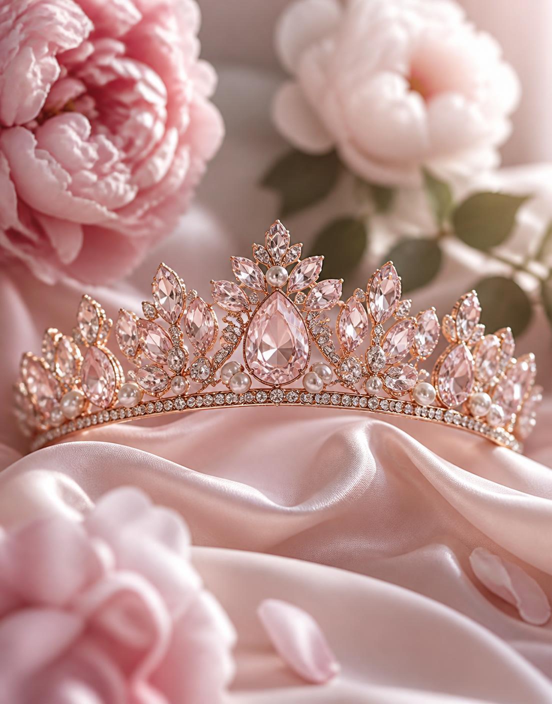 Rose gold bridal tiara with pink morganite stones and pearls on blush silk with peonies